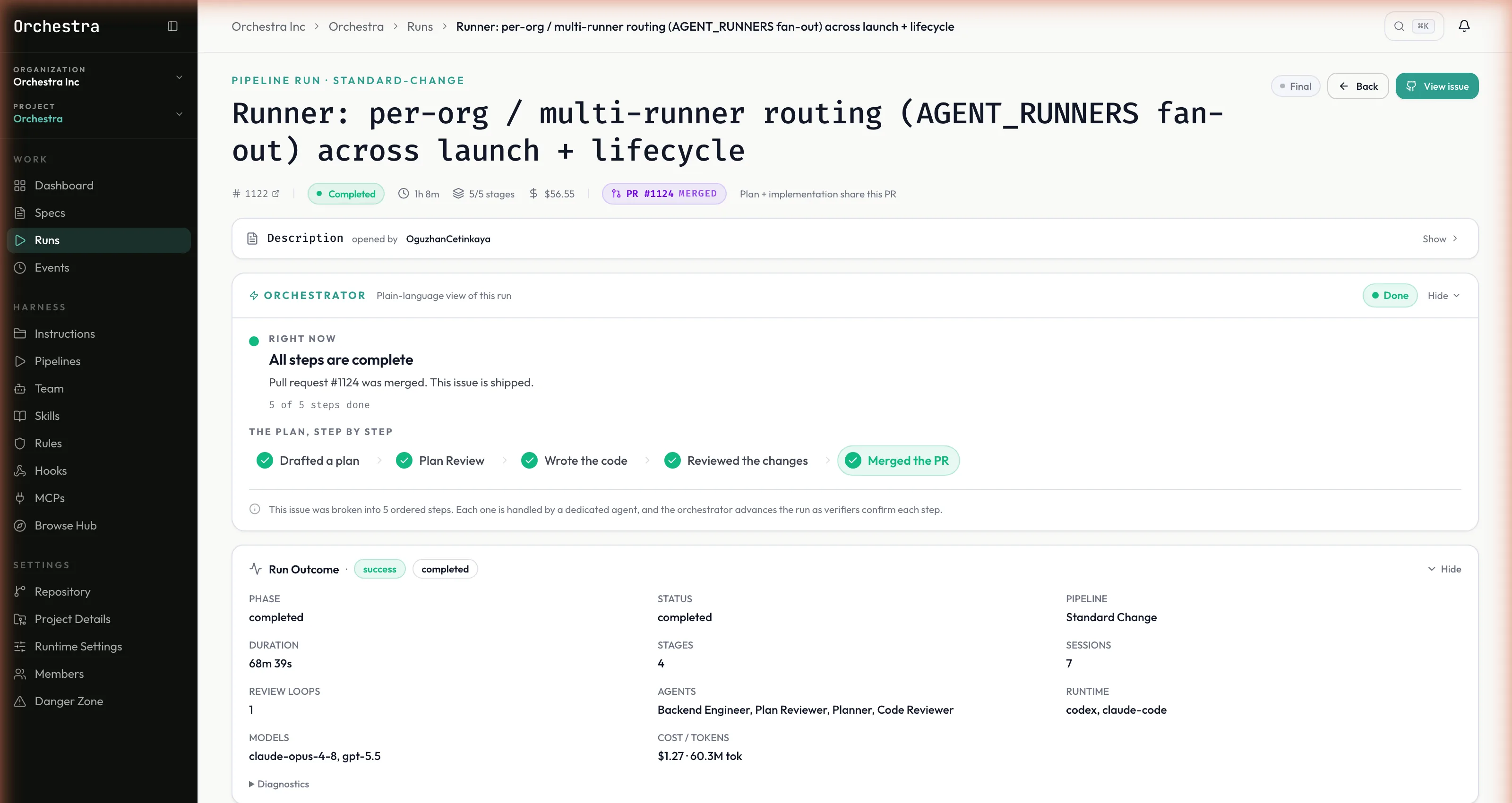 Orchestra run detail for a completed Standard Change: the Orchestrator panel with every step done, a merged PR badge, and the run outcome with agents, models, sessions, and cost